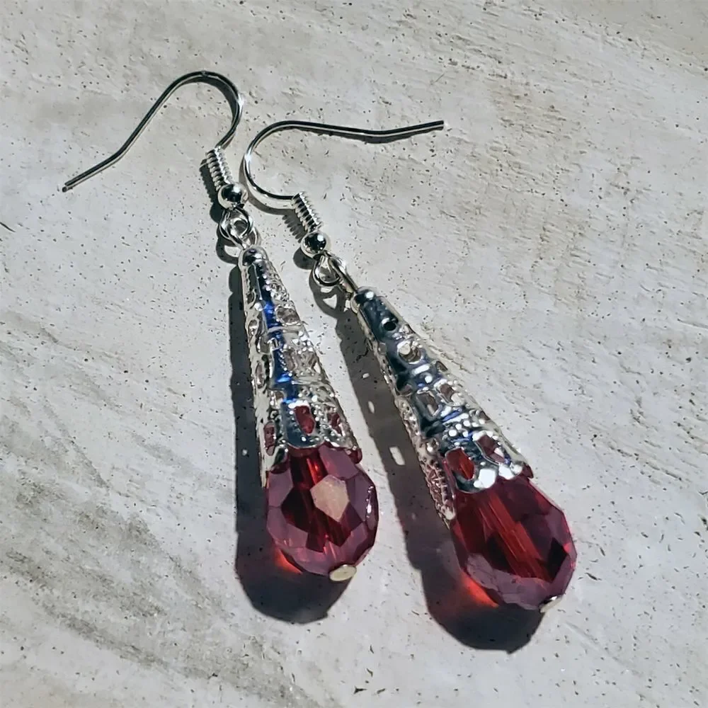 Hand Crafted Caged Filigree Faceted Red Crystal Silver Teardrop Earrings